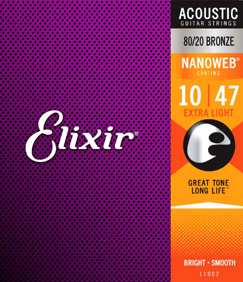 Elixir Strings 11002 Nanoweb 80/20 Bronze Acoustic Guitar Strings .010-.047 Extra Light