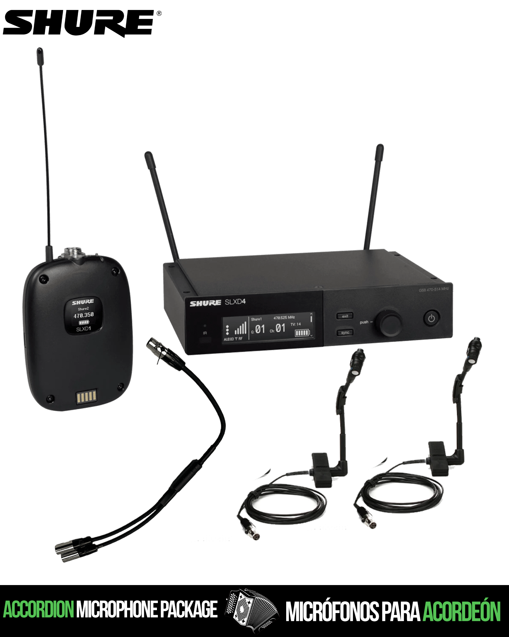Accordion GLXD+ Wireless Mic System Shure Double Beta 98 + Y Cable