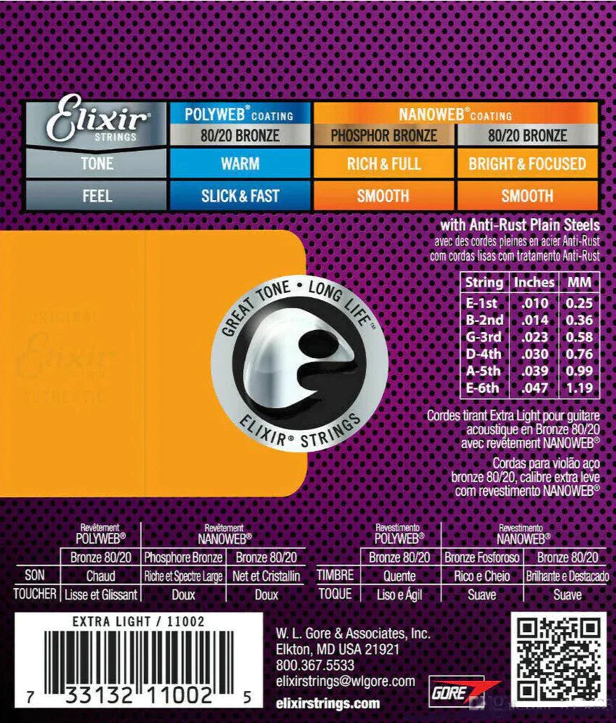 Elixir Strings 11002 Nanoweb 80/20 Bronze Acoustic Guitar Strings .010-.047 Extra Light