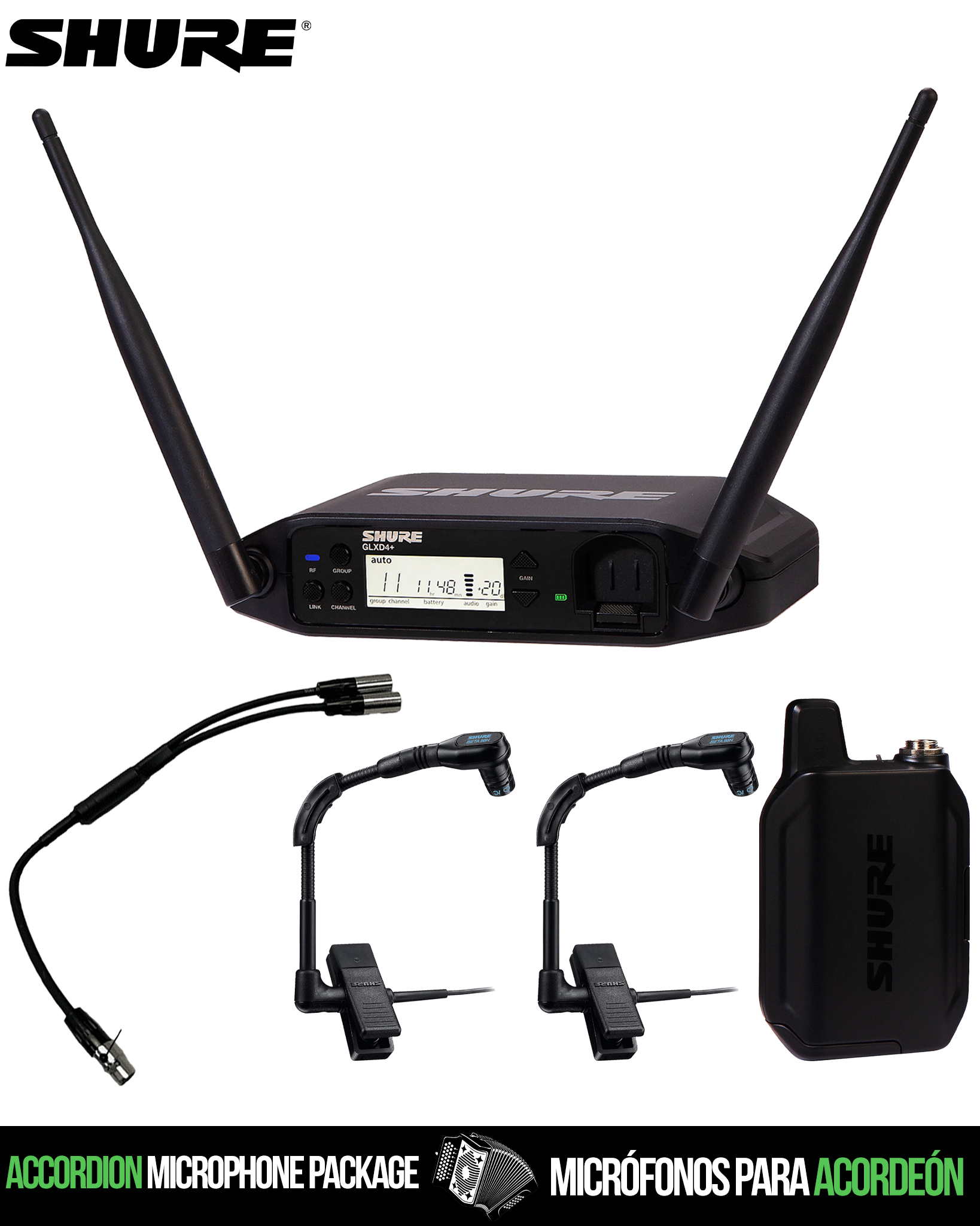 Accordion GLXD+ Wireless Mic System Shure Double Beta 98 + Y Cable