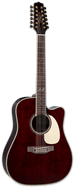 A Takamine JJ325SRCL-12 High Pressure Laminate 12-string acoustic-electric guitar in gloss red finish with rosewood fingerboard and a solid Sitka spruce top.