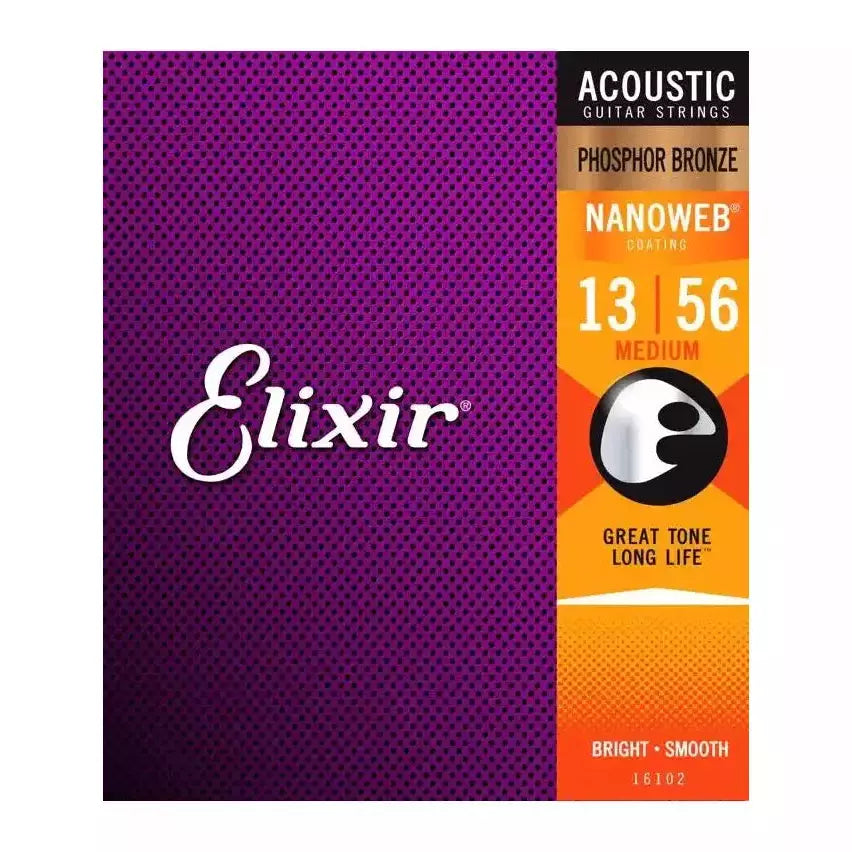 Elixir Strings 16102 Nanoweb Phosphor Bronze Acoustic Guitar Strings - .013-.056 Medium