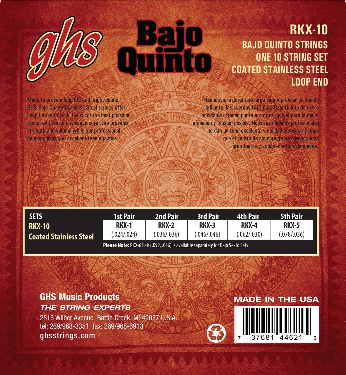 GHS RKX-10 BAJO QUINTO Red Coated Stainless Steel Strings Loop End Set