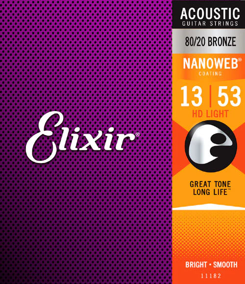 Elixir Strings 11182 Nanoweb 80/20 Bronze Acoustic Guitar Strings .013-.053 Light
