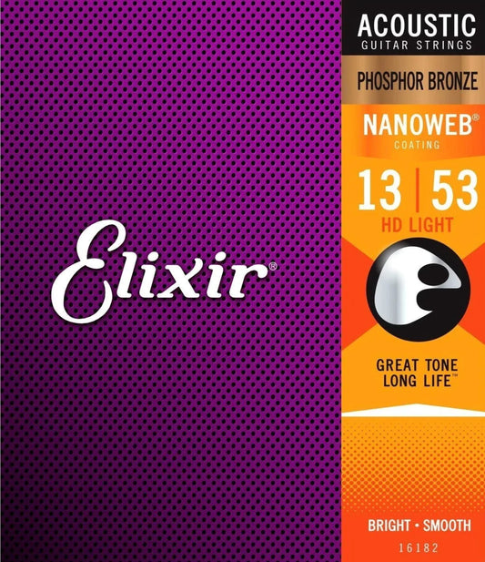 Elixir Strings 16182 Nanoweb Phosphor Bronze Acoustic Guitar Strings .013-.053 HD Light