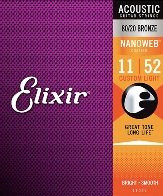Elixir Strings 11027 Nanoweb 80/20 Bronze Acoustic Guitar Strings .011-.052 Light