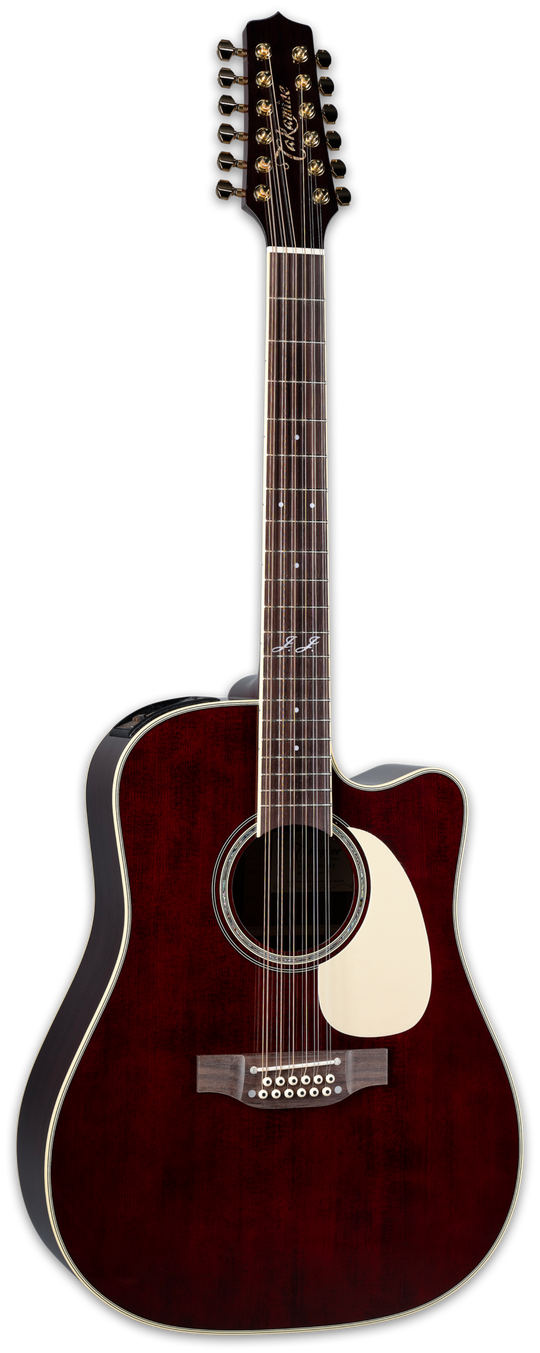 A Takamine JJ325SRCL-12 High Pressure Laminate 12-string acoustic-electric guitar in gloss red finish with rosewood fingerboard and a solid Sitka spruce top.