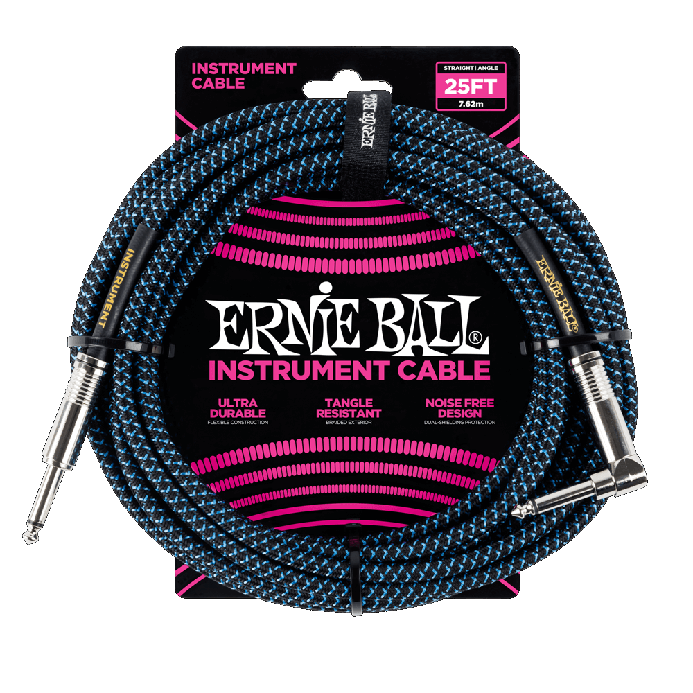 Ernie Ball 6060 25ft Straight / Angle Braided Black / Blue Cable w Black & Gold Shrink