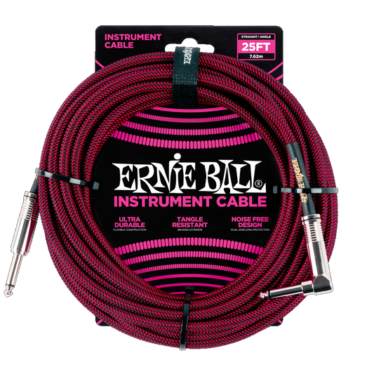 Ernie Ball 25' Braided Straight / Angle Instrument Cable - Blk/Red